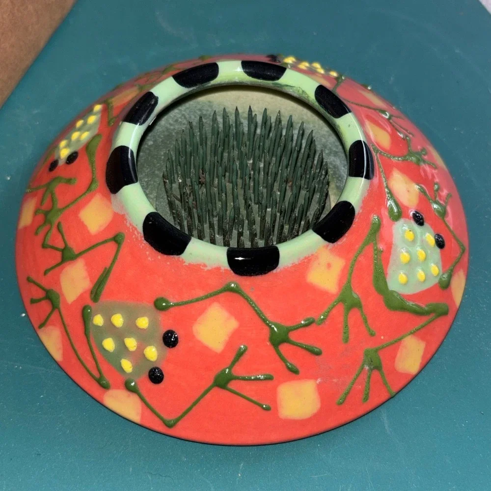 Whimsical Frog Flower Frog Kenzan Ikebana Vase‎ Ceramic Signed